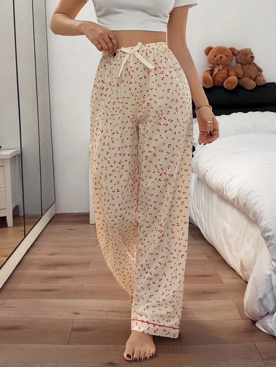 Napfluff Women's Cherry Print Long Pajama Pants, Bow Decor, All Season Wear, Comfortable Sleepwear - Apricot - View 1