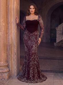 Glamrae Plus Size Elegant Luxury New Beaded Sequin Embroidered Lace Bubble Patchwork Elastic Knit Ruched Mermaid Dress With Puff Sleeves, Suitable For Wedding Events, Bachelorette Party, Vacation, Prom, Evening Gown (Intricate Design) - Burgundy - View 4