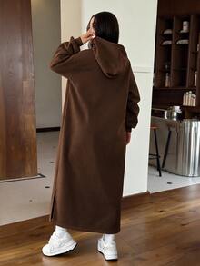 SHEIN EZwear Gray Casual Long Hooded Sweatshirt, Autumn/Winter,Long Sleeve Tops - Brown - View 2