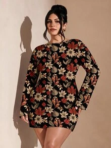SHEIN BAE Plus Size Vintage Leaf Print Dress - Multicolor - View 3