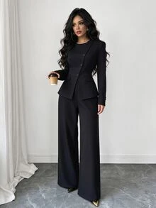 Elenzga طقم بدلة نسائي عصري جديد باللون الأسود، بنطلون واسع الساق مع تصميم غير متماثل وأزرار مائلة ودرابيه، إطلالة مهنية بسيطة للتنقل والمقابلات - الأسود - مشاهدة 3