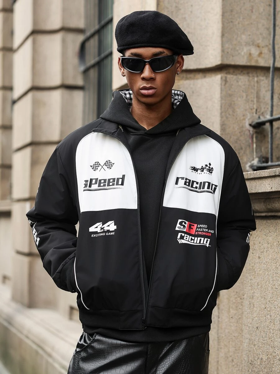 Major Grit Men's Vintage Racing Thermal Lined Jacket, Navy Blue & White Colorblock Zip-Up Loose Baseball Jacket, Suitable For Retro Streetwear And Casual Wear - Navy Blue - View 1