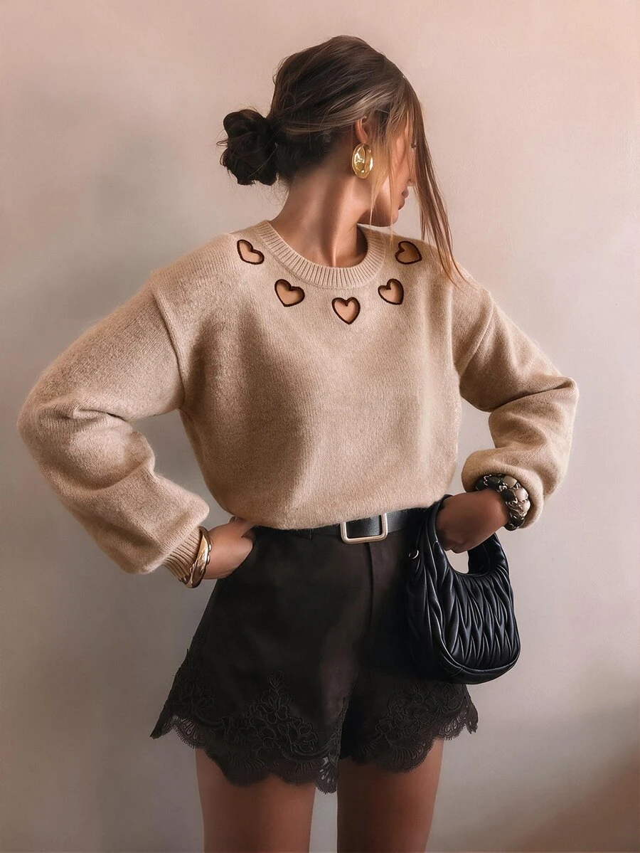 SHEIN LUNE Soft Oatmeal Color Heart Hollow Design Round Neck Versatile Women's Knit Sweater - Khaki - View 1