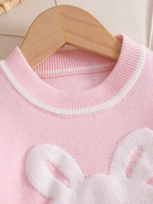 SHEIN 女童可愛百搭新款厚實手工蝴蝶結裝飾毛毛飾邊圓領正肩粉色長袖套頭針織毛衣上衣 寬鬆簡約優雅休閒 柔軟舒適 適合日常秋冬穿著 - 淺粉色 - 查看 4