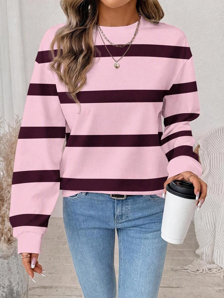 SHEIN LUNE Áo nỉ dài tay kẻ sọc phong cách thường ngày đa năng cho nữ - trắng - Xem 1
