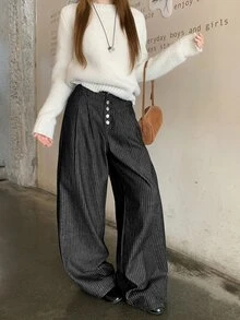 DAZY Women's Button Fly Striped Wide Leg Loose Casual Denim Jeans - Black - View 8