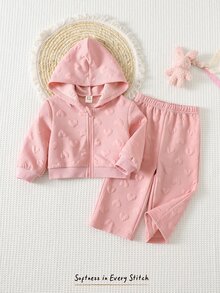 Cozy Pixies 2件組女嬰休閒日常舒適可愛3D愛心圖案中磅連帽開襟長袖外套與長褲套裝 - 粉色 - 查看 9