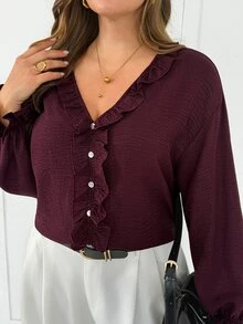 Shapeblank Women's Plus-Size Spring/Autumn Fashionable, Casual, Loose, And Comfortable Everyday Blouse – V-Neck, Long-Sleeve, Ruffled, Burgundy-Purple,Outfits - Red Violet - View 6