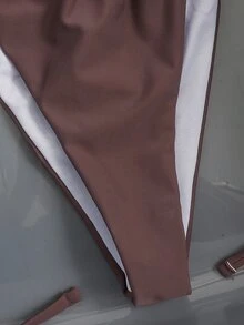 SHEIN Swim 女款夏季海灘 3D 花卉裝飾掛脖綁帶性感時尚比基尼兩件式泳衣套裝（微三角） - 棕色 - 查看 5
