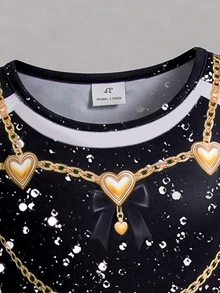 Young Girls Long Sleeve A-Line Dress, Round Neck Gold Chain Print, Baroque Print Birthday Party, Stage Performance Outfit - Multicolor - View 6