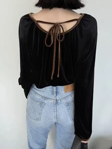 FRIFUL Women's French Style Flocked Long Sleeve Versatile T-Shirt - Black - View 5