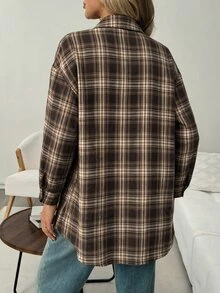 SHEIN LUNE Casual Cotton Retro Vintage 70s 80s Retro Women's Plaid Long Sleeve Shirt, Fall/ Everyday School Brown Blouse - Multicolor - View 8