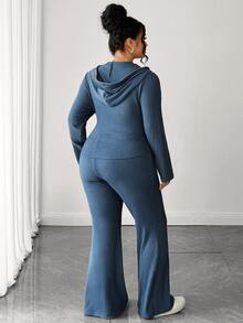 Elenzga Plus Size Women's Elastic Vertical Ribbed Knit Blue Hooded Zip-Up Top With Curved Hem And High-Waist Flared Pants, 2 Pieces Set Suitable For Birthday Party, Couple Date, Afternoon Tea, Photo Shoot, Light Evening Party - Blue - View 2