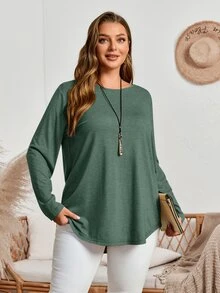 EMERY ROSE Plus Size Fall Women Solid Round Neck Long Sleeve Casual T-Shirt,Spring/Summer/Vacation - Dark Green - View 4