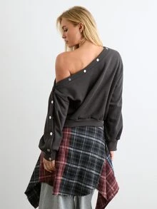 BAD SUNDAY Women's Long Sleeve Asymmetrical Shoulder Fitted Top With Metal Buckle Decor, Y2K Style, Versatile For Autumn/Winter - Dark Grey - View 2