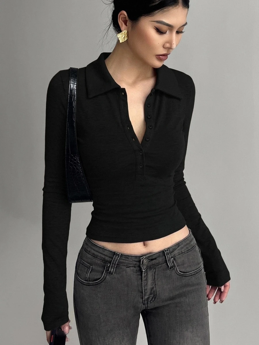 DAZY Solid Color Slim Fit Polo Collar Long Sleeve Casual Everyday Versatile Women's T-Shirt - Black - View 1