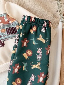 Cozy Pixies 新生兒男嬰休閒舒適可愛卡通印花圓領上衣與長褲套裝 - 杏色 - 查看 6
