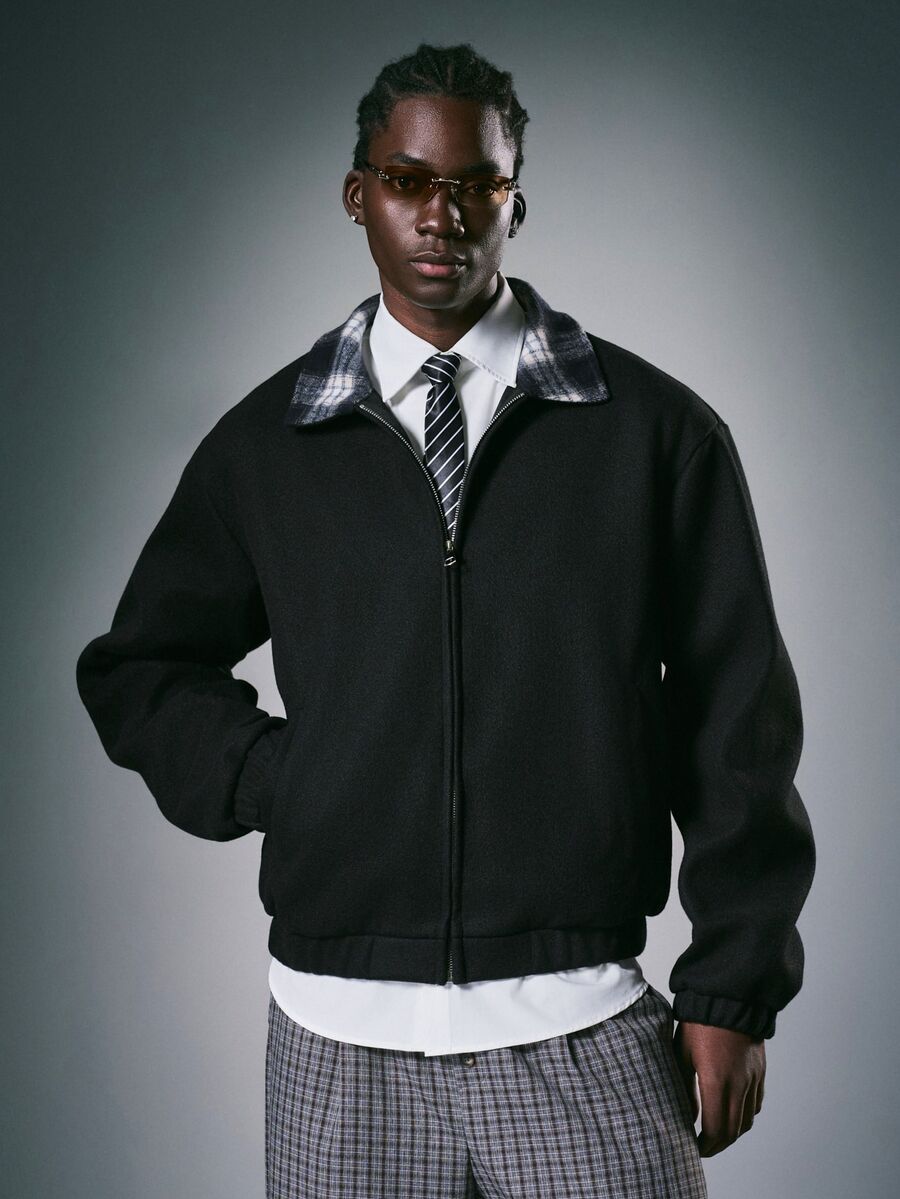STYNVO Men's Plaid Colorblock Casual Daily Long Sleeve Jacket - Black - View 1