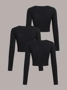 SHEIN EZwear 3件組女款純色圓領長袖休閒百搭T恤 - 黑色 - 查看 2