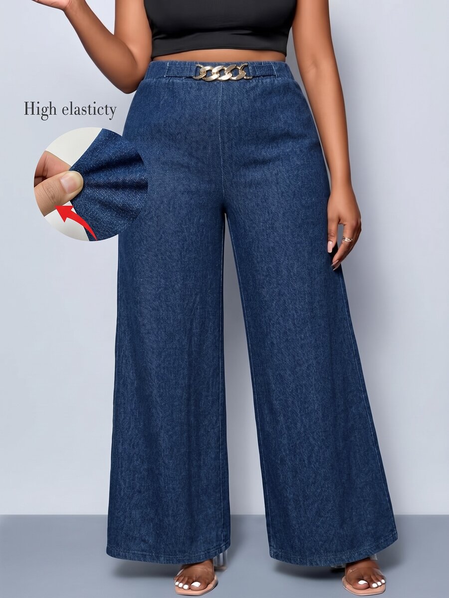 SHEIN Plus Size Women's Washed Denim Straight Leg Pants - Dark Wash - View 1