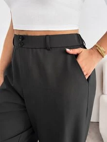 Shapeblank Plus Size Women's Solid Color High Waist Pocket Wide Leg Loose Long Pants Fall - Dark Grey - View 6