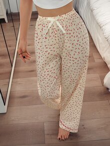 Napfluff Women's Cherry Print Long Pajama Pants, Bow Decor, All Season Wear, Comfortable Sleepwear - Apricot - View 6