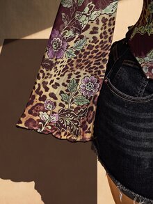SHEIN ICON 大尺碼復古 Y2K 中式花卉印花喇叭袖不對稱下擺網眼針織上衣 秋季 - 酒紅色 - 查看 6
