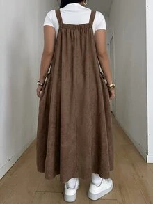 POPSWAY Plus Size Women's Casual Soft Form Commute Formal Office Utility White Pastel Overall Dress Autumn - Brown - View 2