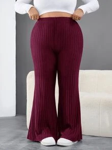 SHEIN CURVE+ 大尺碼女款黑色羅紋喇叭褲，秋冬季 - 酒紅色 - 查看 3