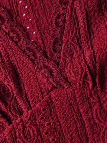 SHEIN MOD 女款 1 件裝紋理鏤空刺繡蕾絲飾邊 V 領短袖抽褶腰寬腿連身褲，灰藍色甜美 Coquette 女孩風秋季度假穿搭 - 酒紅色 - 查看 9