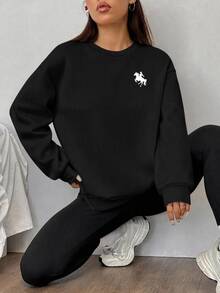 SHEIN EZwear 休閒寬鬆圓領運動衫與緊身內搭褲 2件套 - 黑色 - 查看 3
