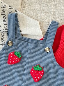 SHEIN Baby Girl Casual Comfortable Daily Versatile Red Long Sleeve Top With Fuzzy Strawberry Patchwork Overall Dress Set - Multicolor - View 5