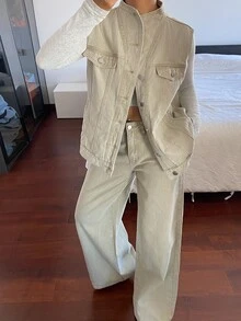 DAZY Women's Loose Vest And Long Pants Casual Denim Set - Khaki - View 1