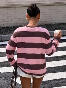 Muchica Women's Letter Print Striped Casual Daily Long Sleeve T-Shirt - Multicolor - View 2