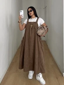 POPSWAY Plus Size Women's Casual Soft Form Commute Formal Office Utility White Pastel Overall Dress Autumn - Brown - View 5