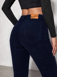SHEIN Unity Button Pocket Denim Corduroy Flared Leg Pants - Dark Wash - View 4