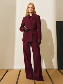 MOTF PREMIUM WOMEN'S STRIPED WOOL BLEND BELTED BLAZER JACKET, AUTUMN/WINTER - Burgundy - View 5