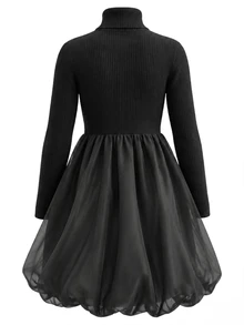 SHEIN 青少年女孩簡約串珠優雅燈籠下擺洋裝，秋冬日常穿著，適合四季 - 黑色 - 查看 4