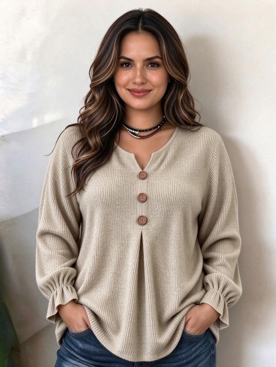 Linhara CURVE Plus Size Ribbed Long Sleeve T-Shirt, Notched V Neck Wooden Button Flare Cuff Casual Top - Apricot - View 1