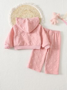 Cozy Pixies 2件組女嬰休閒日常舒適可愛3D愛心圖案中磅連帽開襟長袖外套與長褲套裝 - 粉色 - 查看 2