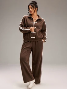 SHEIN BASICS Plus Size Frog Button Long Sleeve Jacket And Striped Pants With Pockets 2 Pieces Set - Brown - View 6
