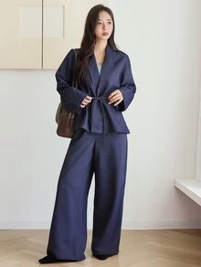 Dazy-Less Women's 2 Pieces Set: Blue Round Neck Long Sleeve Slim Fit Waist Top With High Waist Loose Wide Leg Pants, Autumn/Winter - Blue - View 4