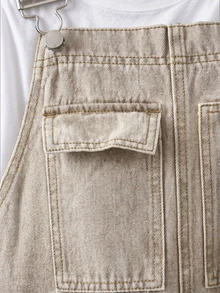 SHEIN LUNE 女款90年代復古海軍藍寬鬆寬腿牛仔連身褲，多口袋工裝吊帶褲，秋冬日常休閒錐形收口褲腳吊帶褲 - 卡其色 - 查看 5