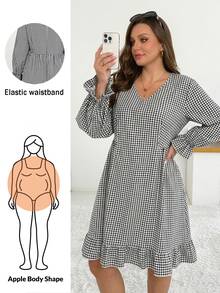 Shapeblank Women's Plus-Size Spring/Autumn Fashionable, Casual, Loose, And Comfortable Everyday Black-And-White Plaid V-Neck Long-Sleeve Ruffled-Hem Dress - Black and White - View 7