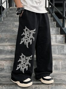 SHEIN 兒童青少年男孩休閒日常百搭舒適黑色長褲，灰色刺繡圖案印花，直筒寬鬆運動褲，適合返校、生日派對、晚會、表演、婚禮、洗禮、開學典禮等場合，適合日常穿著、學校、旅行、運動，四季皆宜 - 黑色 - 查看 7
