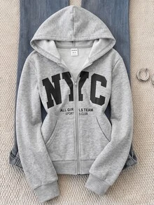 SHEIN Tween女孩連帽字母印花前開襟拉鍊衛衣 開學季秋冬款運動衫 - 棕色 - 查看 1