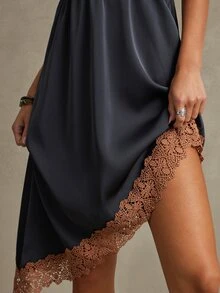 WESTFADE Lace Trim Asymmetrical Hem Midi Slip Dress, Fall, Autumn, Winter, Cowgirl, Western, Country Concert, Boho, Cute, Festival, Thanksgiving - Black - View 2