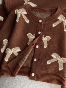 Tween Girl Bow Pattern Long Sleeve Top And Pants Knit Set - Brown - View 6
