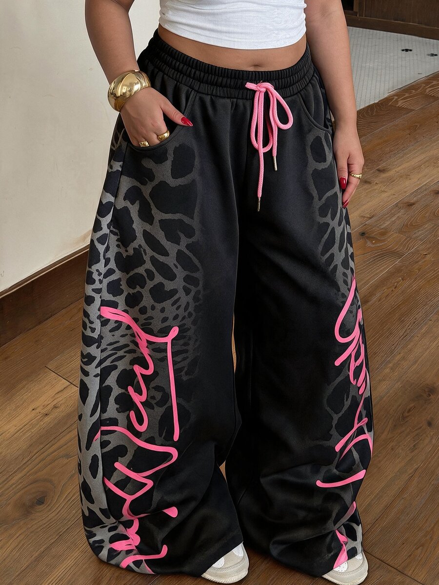 Muchica Plus Size Women's Drawstring Waist Pocket Casual Long Pants Fall - Black - View 1
