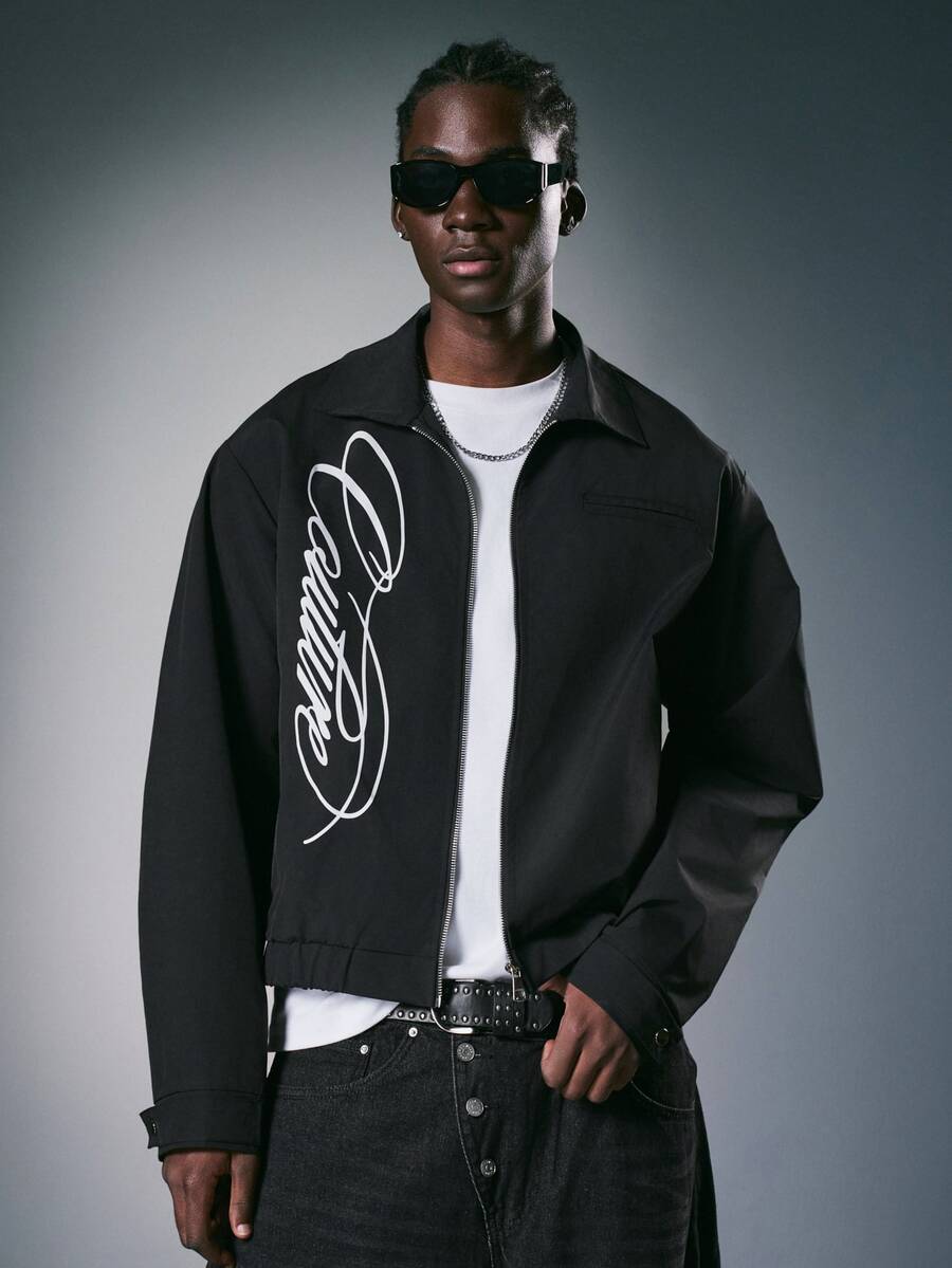 STYNVO Men's Letter Print Casual Daily Long Sleeve Jacket - Black - View 1